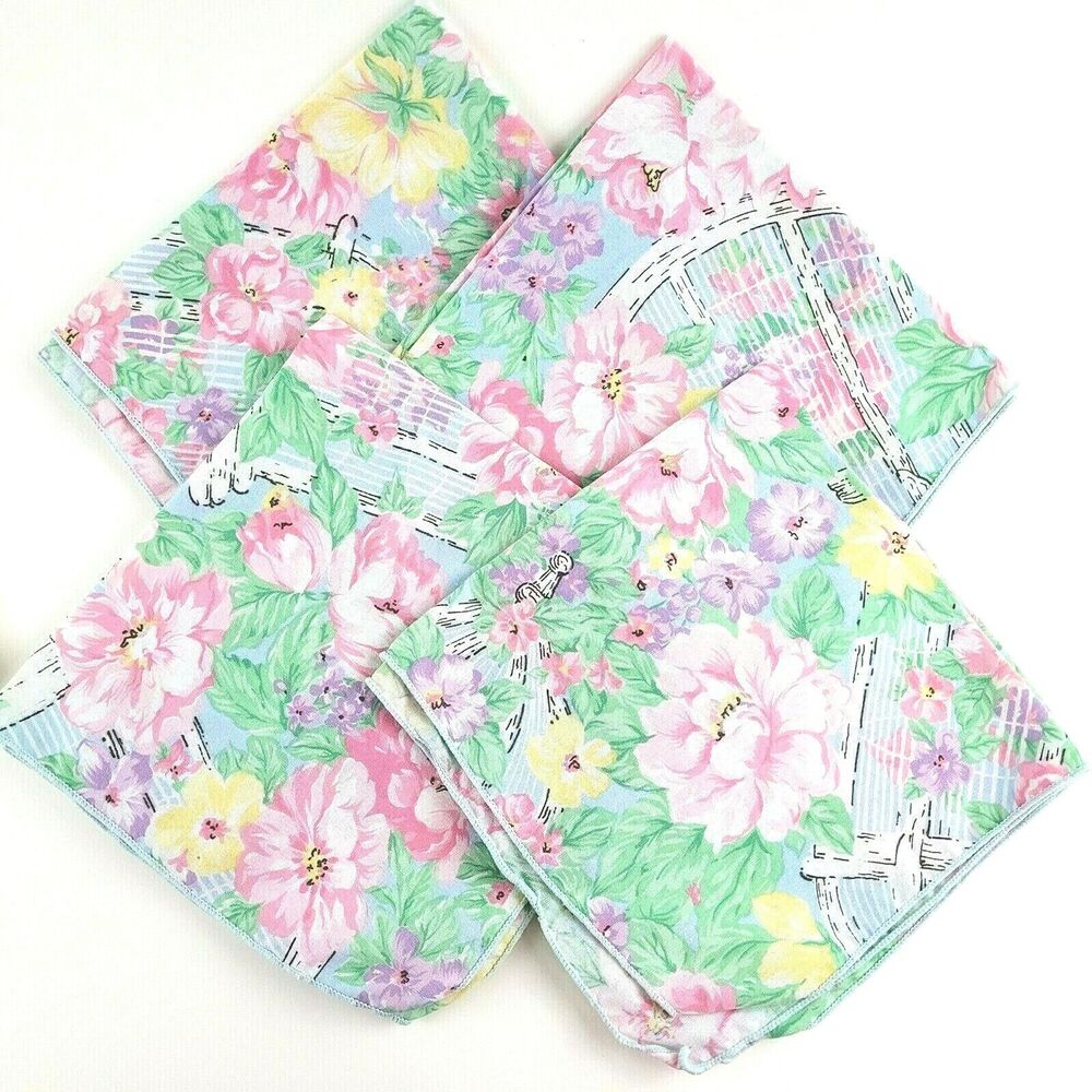 Set of 4 Vintage Bright Floral Birdcage Cloth Napkins 16" x 16" Cottagecore